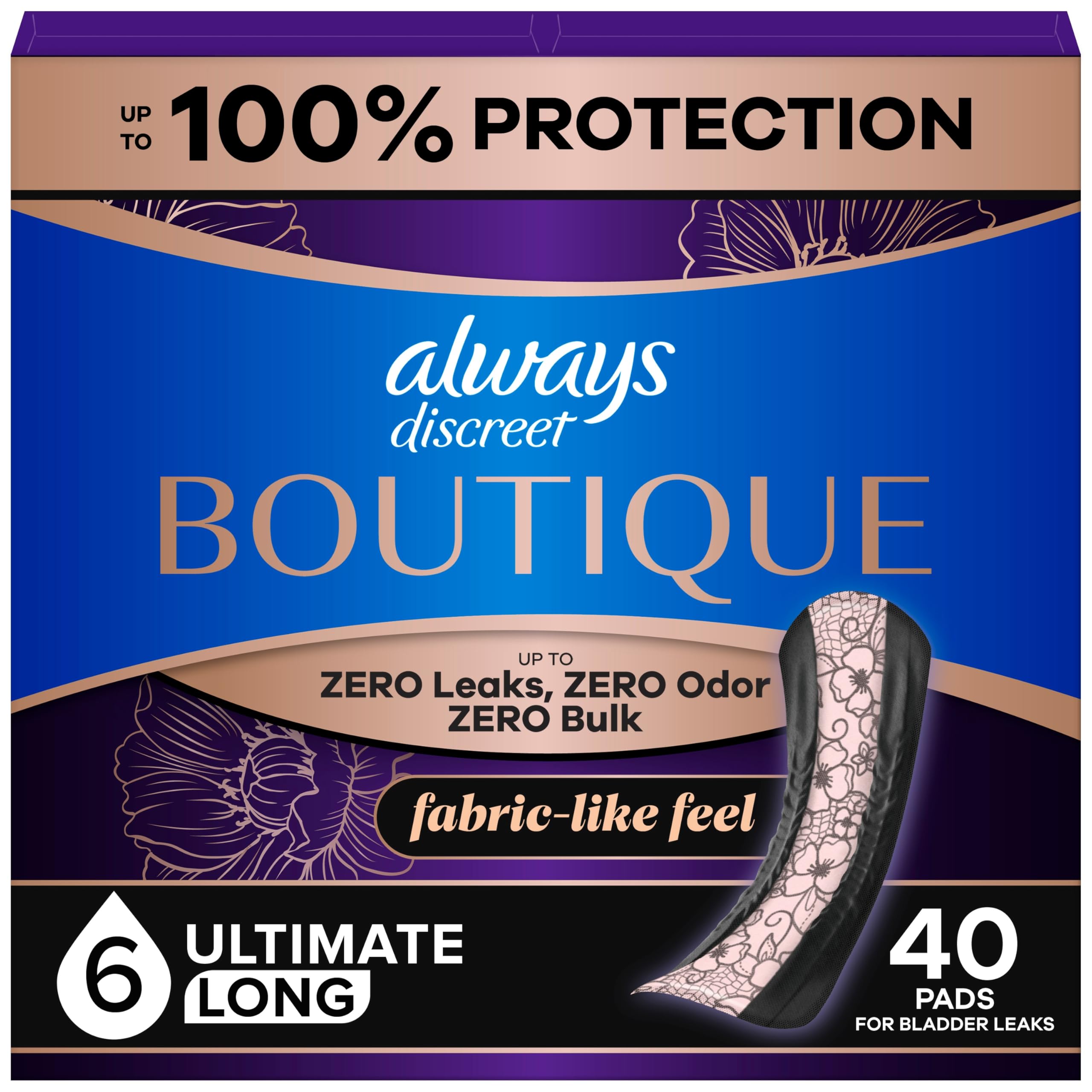 Always Discreet frontal del paquete mostrando cantidad y diseño, protección confiable