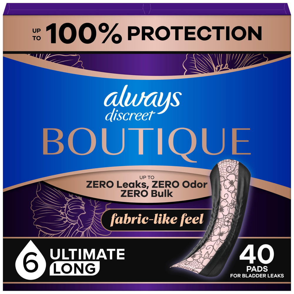 Always Discreet frontal del paquete mostrando cantidad y diseño, protección confiable