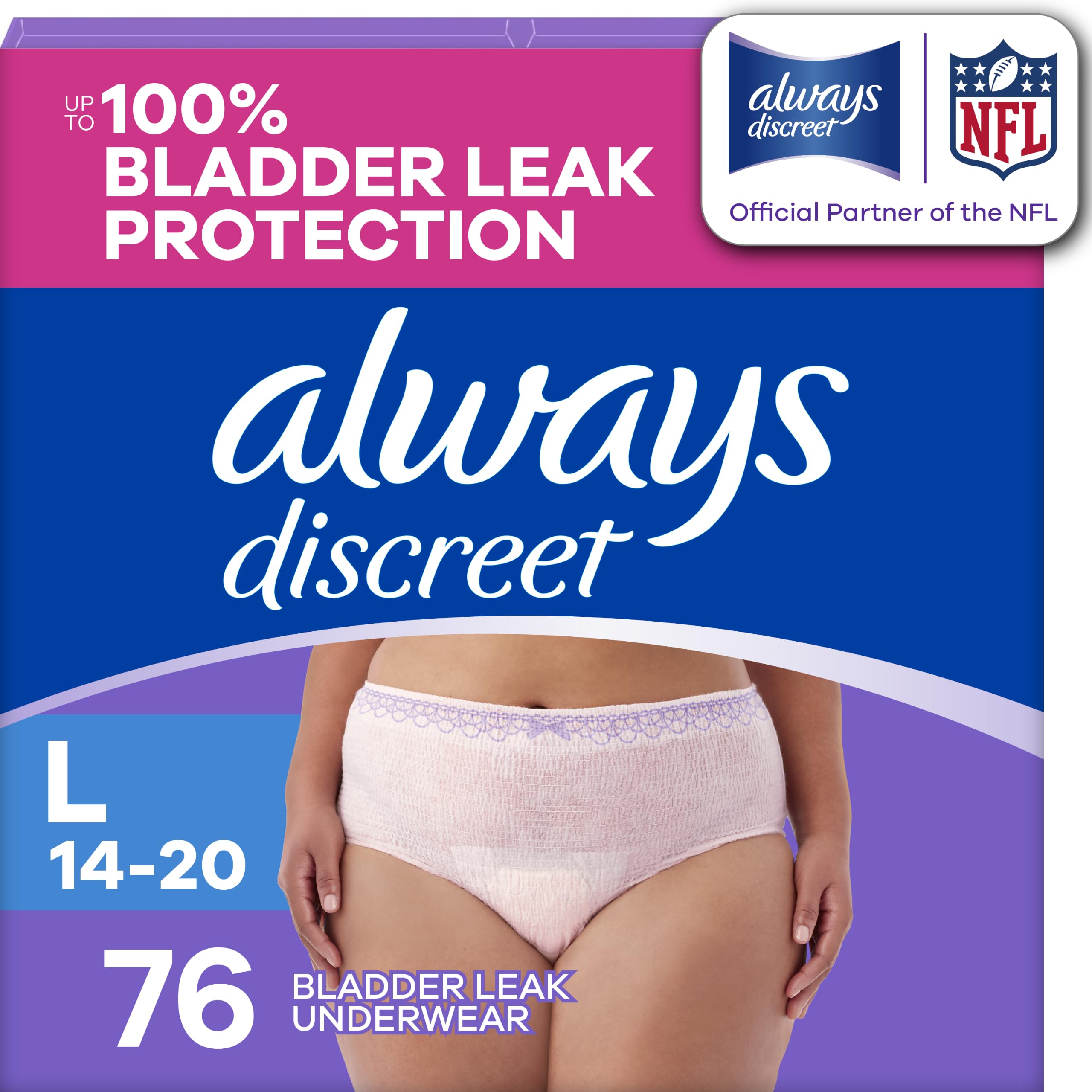 Always Discreet frontal del paquete muestra diseño y cantidad