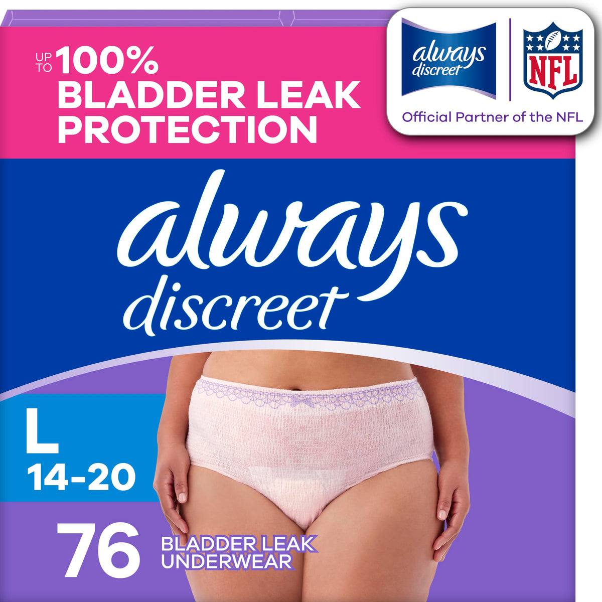 Always Discreet frontal del paquete muestra diseño y cantidad