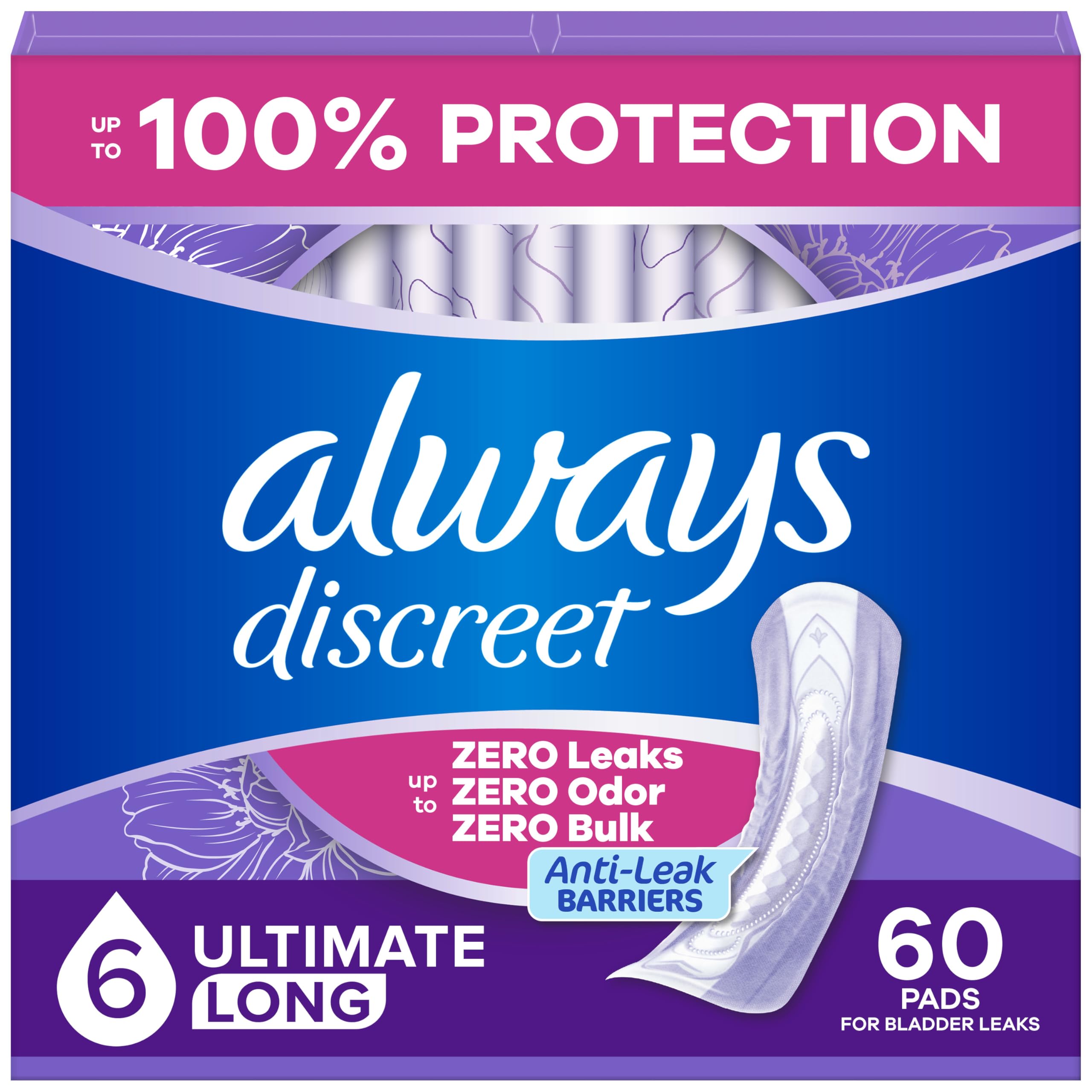 Always Discreet paquete frontal que muestra presentación y cantidad útil