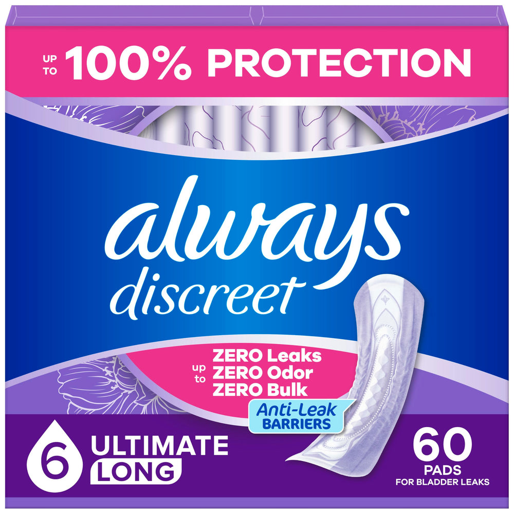 Always Discreet paquete frontal que muestra presentación y cantidad útil