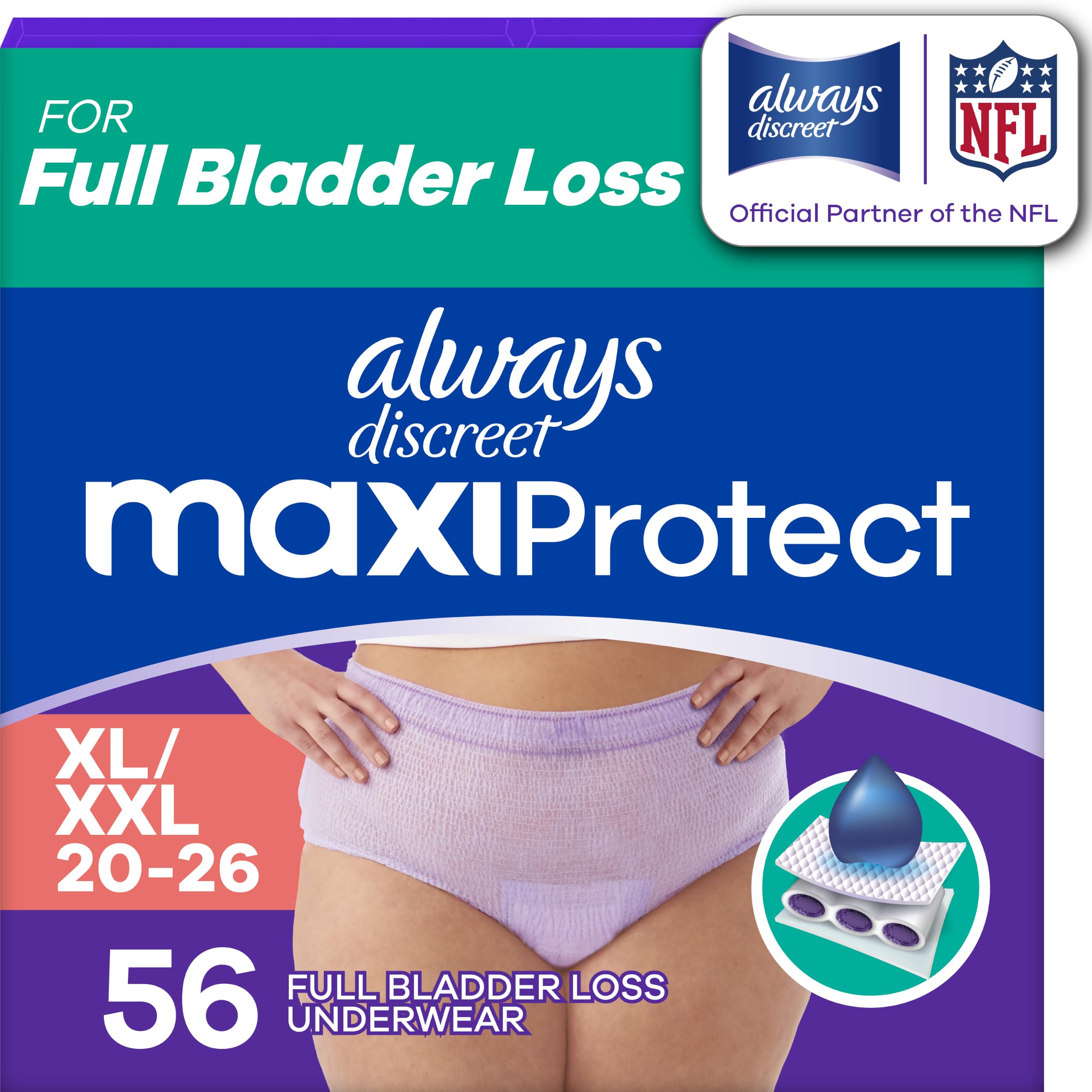 Always Discreet front packaging showing XL/XXL 56 count and benefits