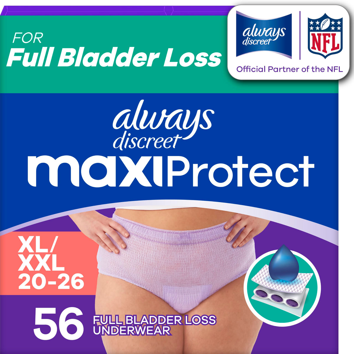 Always Discreet front packaging showing XL/XXL 56 count and benefits