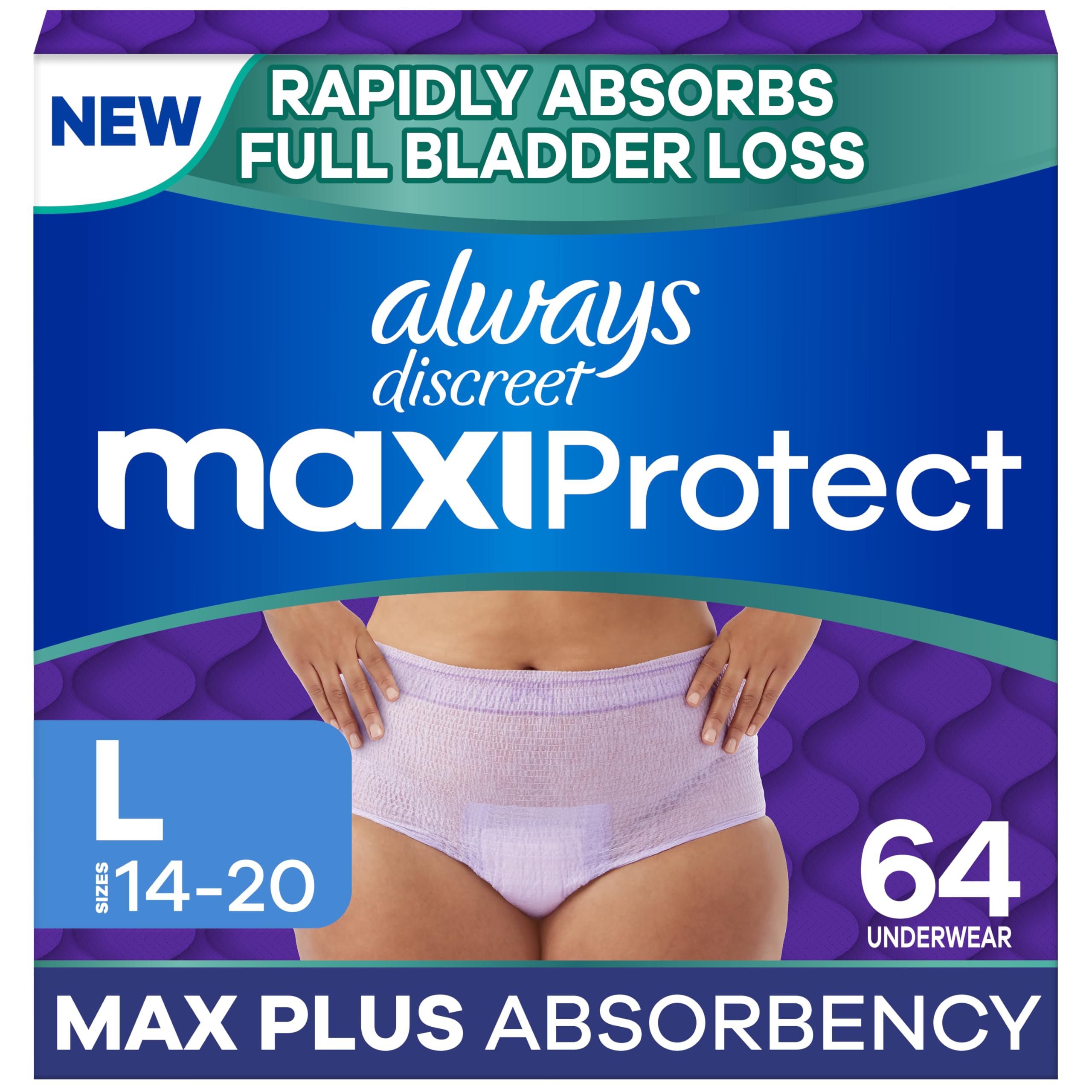 Always Discreet frontal del paquete mostrando beneficio de alta absorción