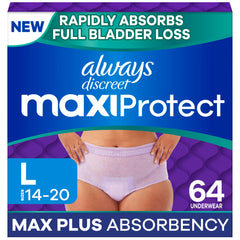 Always Discreet frontal del paquete mostrando beneficio de alta absorción