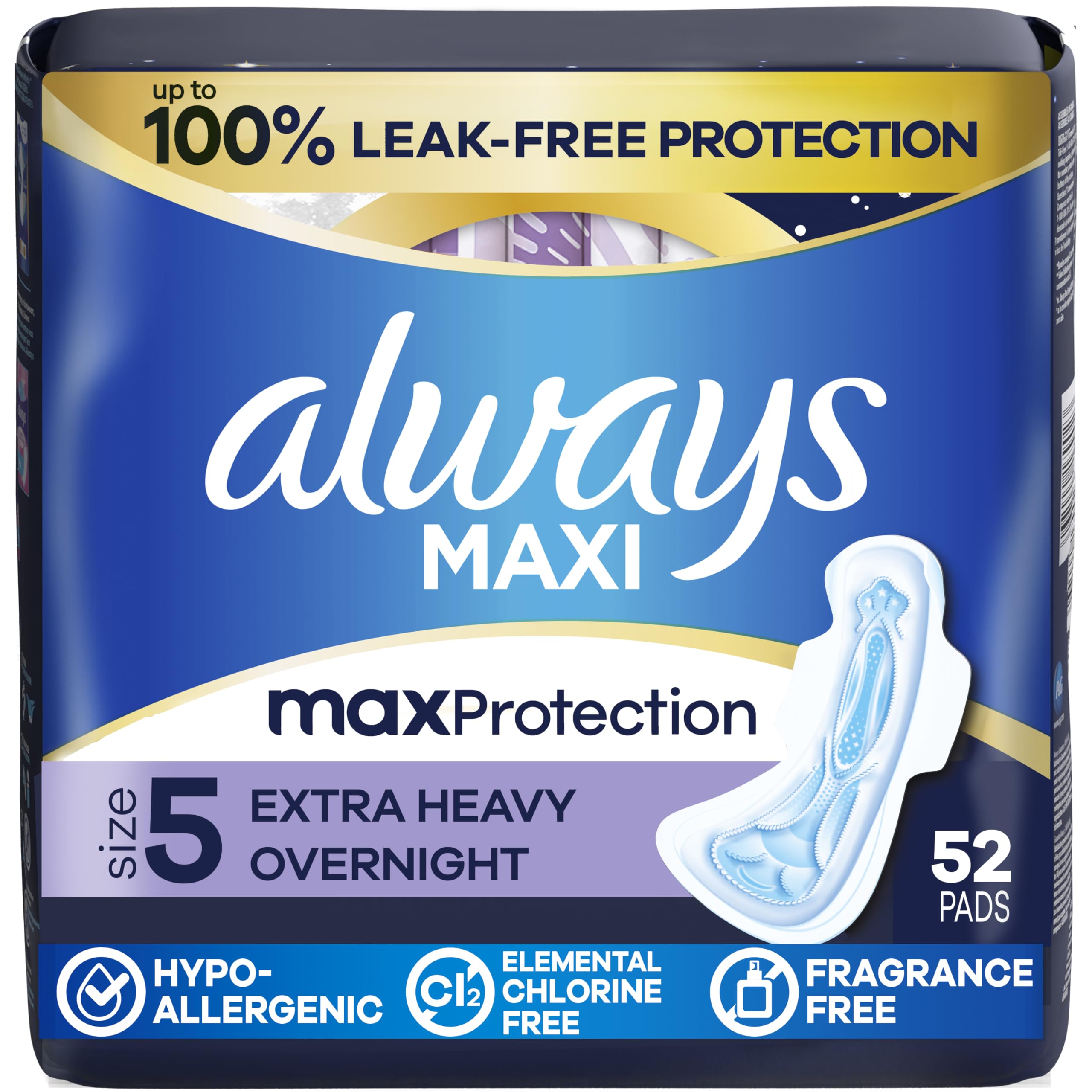 Always Maxi frontal del paquete mostrando 52 unidades y protección nocturna