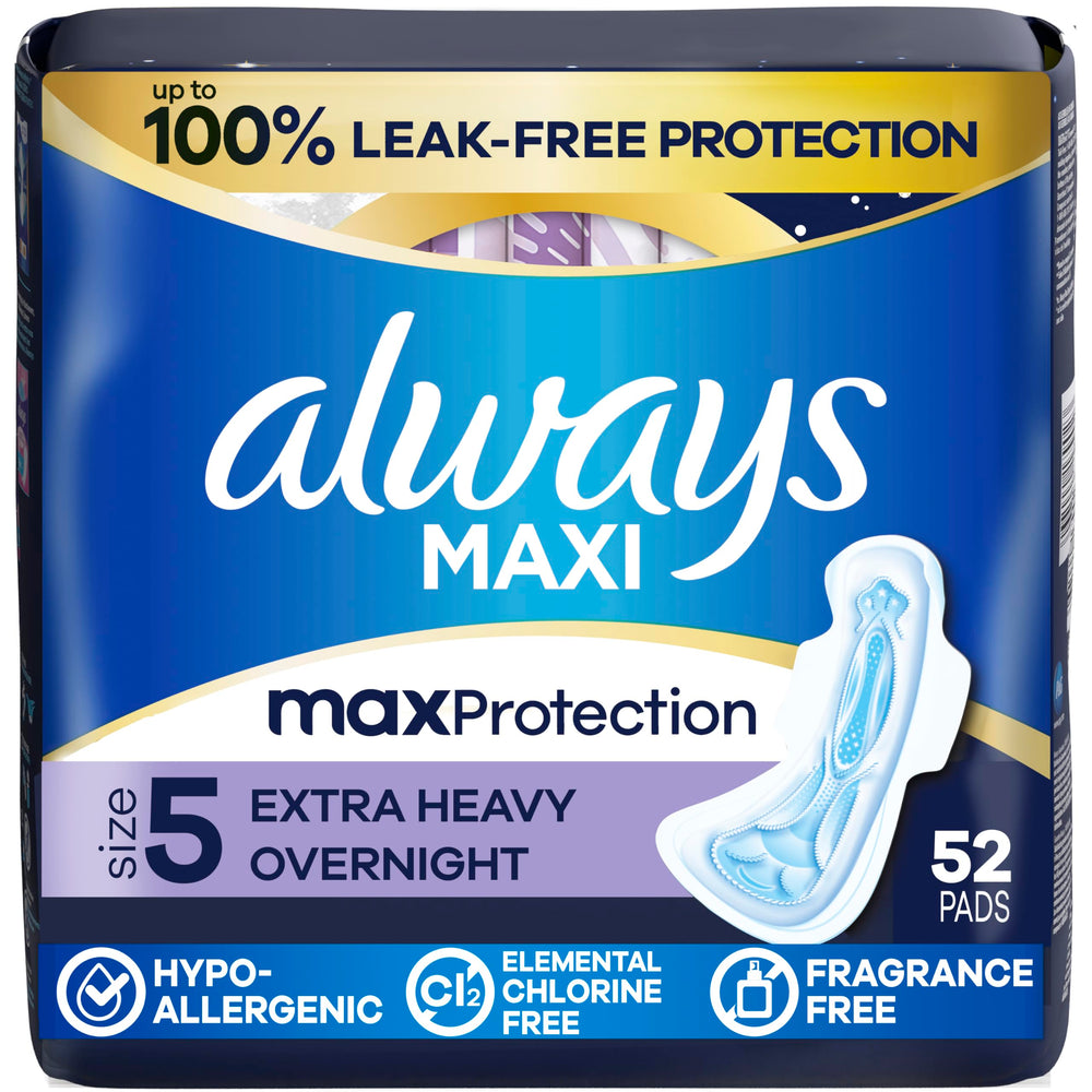Always Maxi frontal del paquete mostrando 52 unidades y protección nocturna