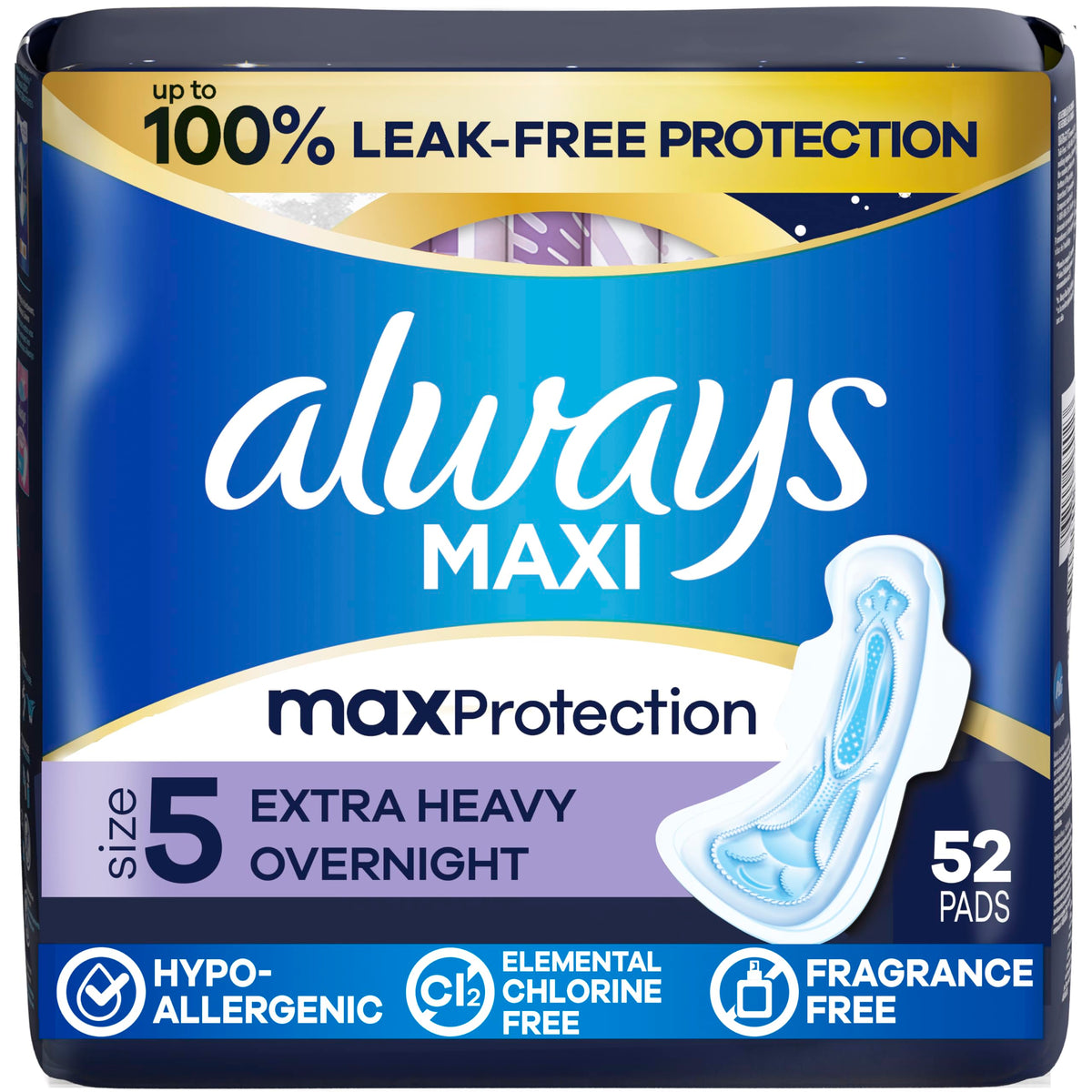 Always Maxi frontal del paquete mostrando 52 unidades y protección nocturna