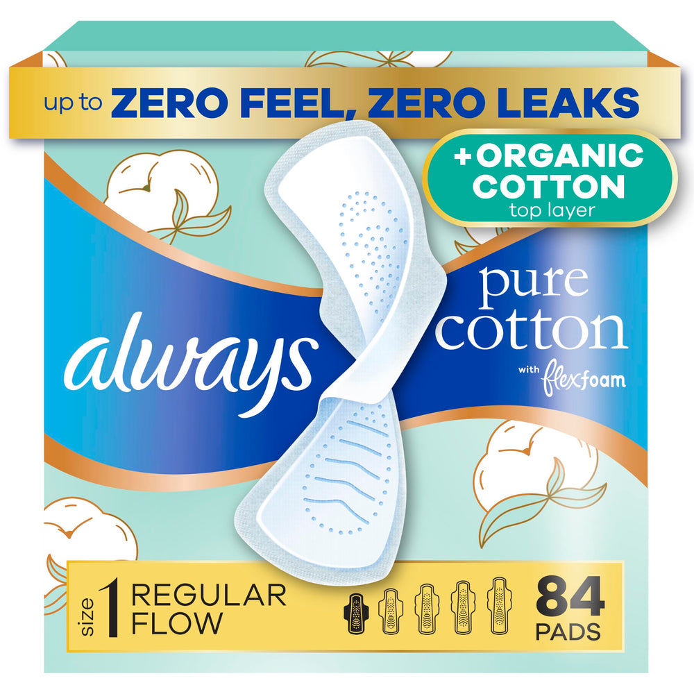 Always Pure Cotton paquete frontal mostrando 84 unidades y beneficio de comodidad