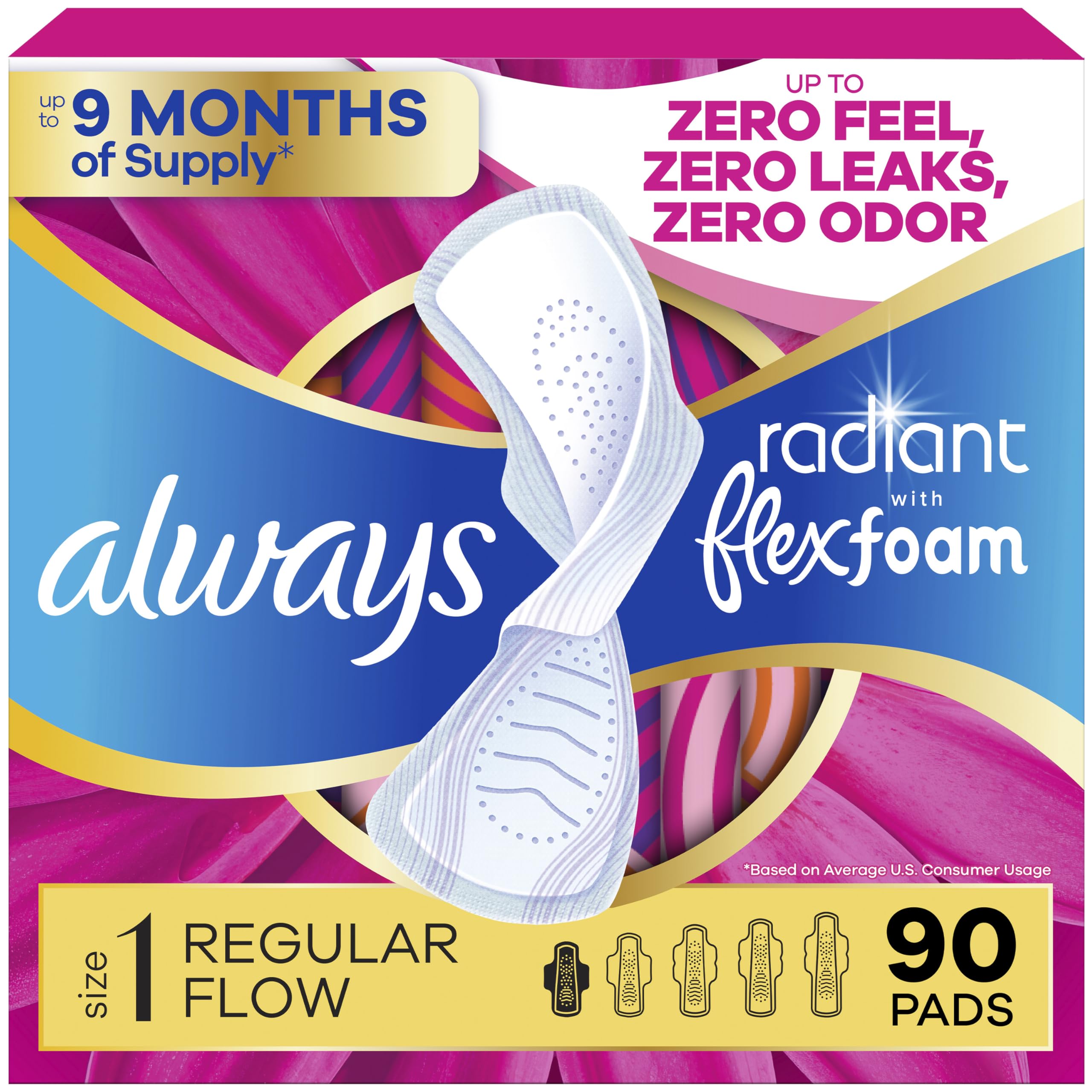 Always Radiant frente del paquete, presencia de 90 compresas y beneficios prácticos