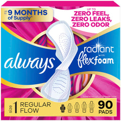 Always Radiant frente del paquete, presencia de 90 compresas y beneficios prácticos
