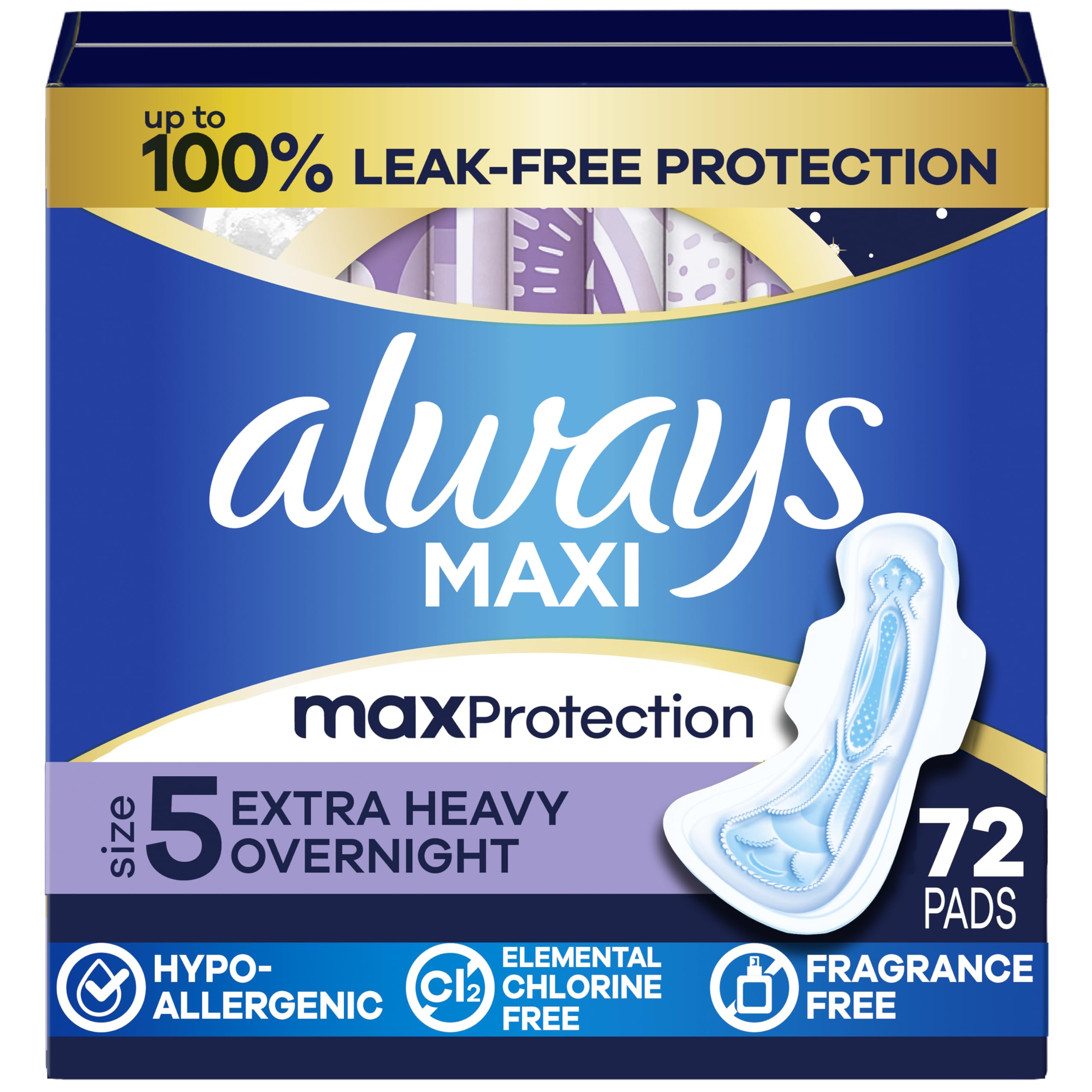Always Size 5 front packaging showing unscented overnight protection