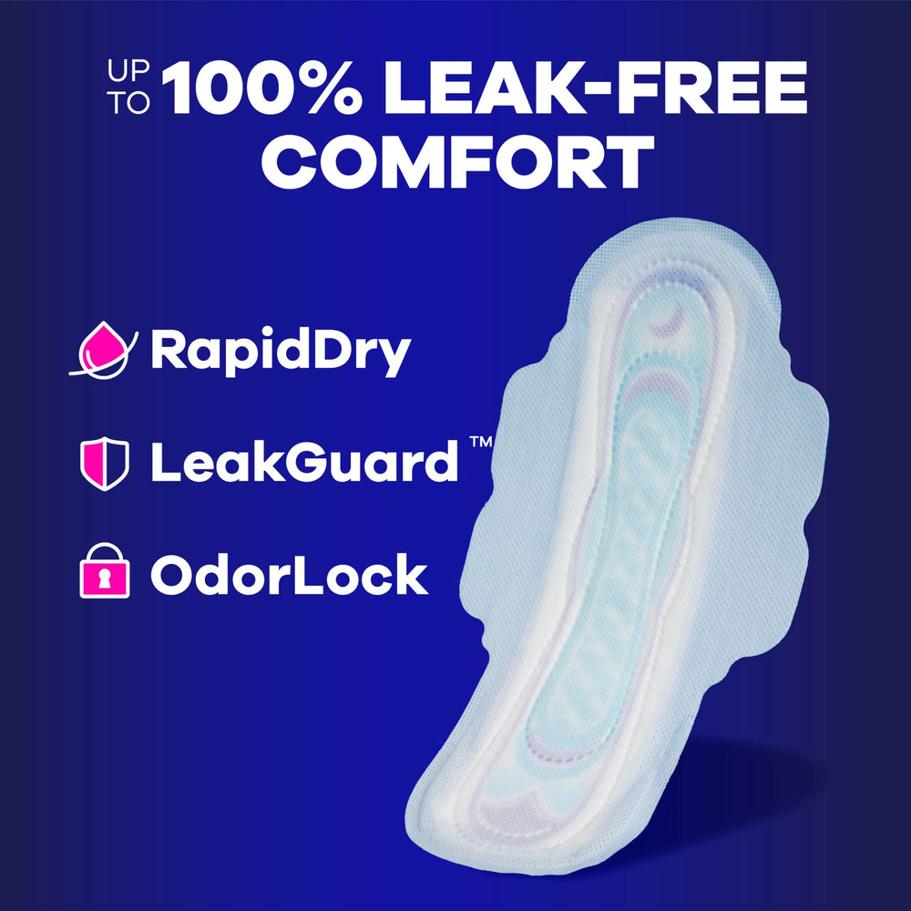 Always Ultra Thin pad rear view highlighting 45% more back coverage for overnight protection