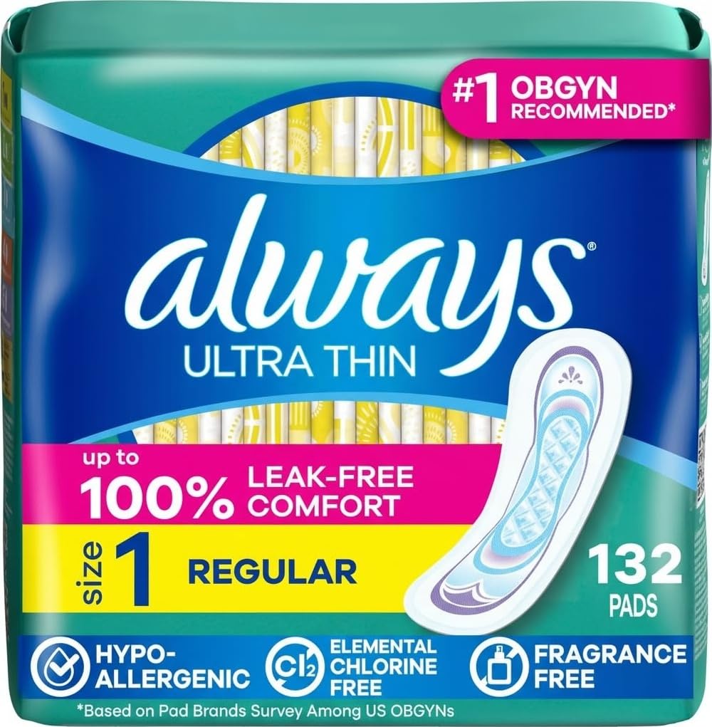 Always Ultra Thin empaque frontal mostrando presentación de 132 unidades y conveniencia