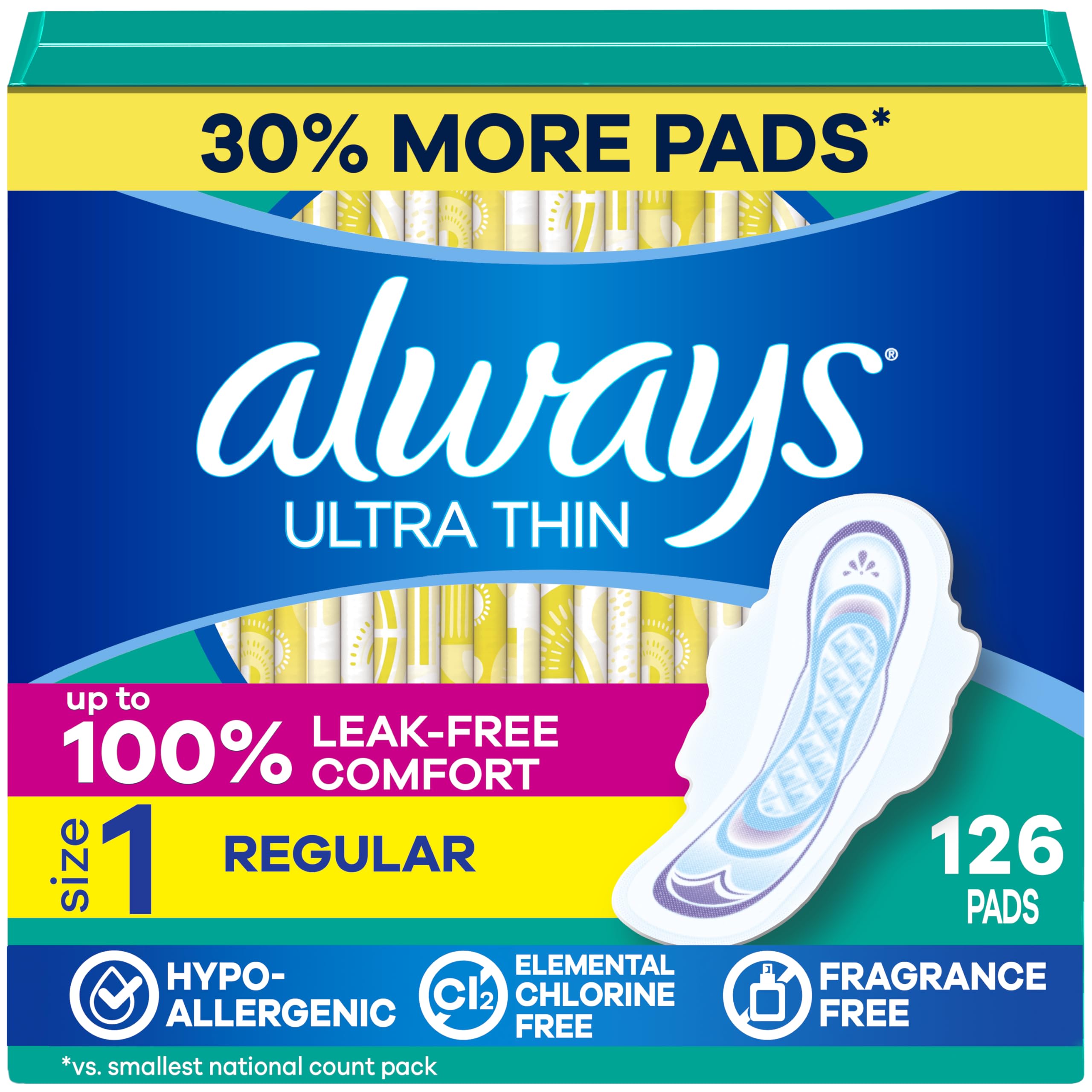 Always ultra thin Size 1 front packaging showing quantity and unscented benefit