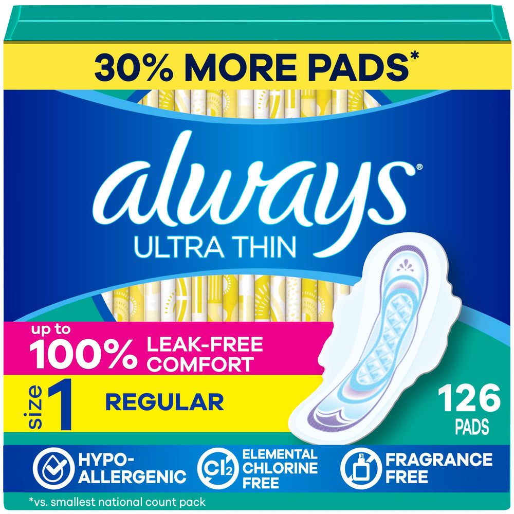 Always ultra thin Size 1 front packaging showing quantity and unscented benefit