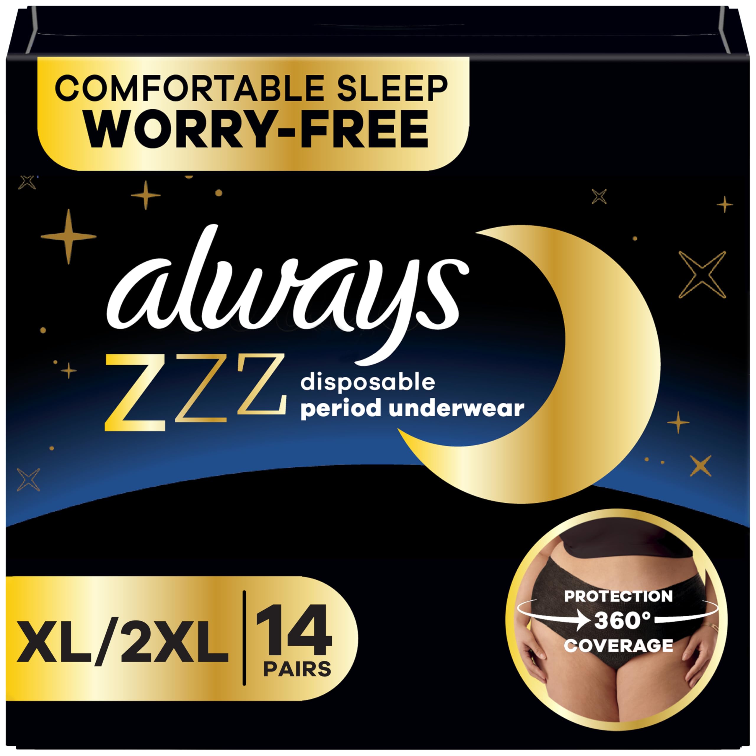 Always ZZZ empaque frontal mostrando las 14 unidades y beneficio de protección nocturna