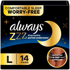 Always ZZZ frontal del empaque mostrando cantidad y talla, tranquilidad nocturna