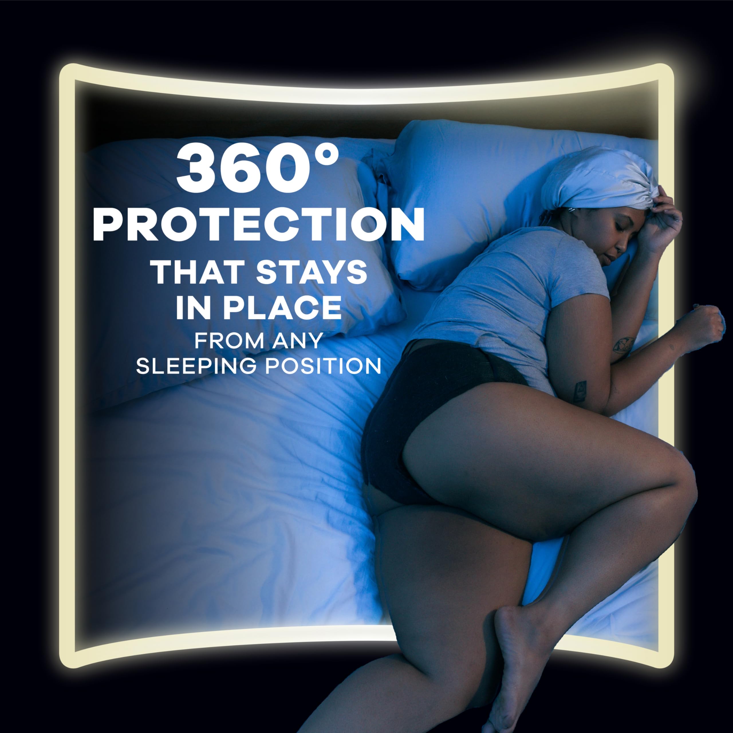 Always ZZZ prenda en uso sobre la cama para demostrar protección nocturna confiable