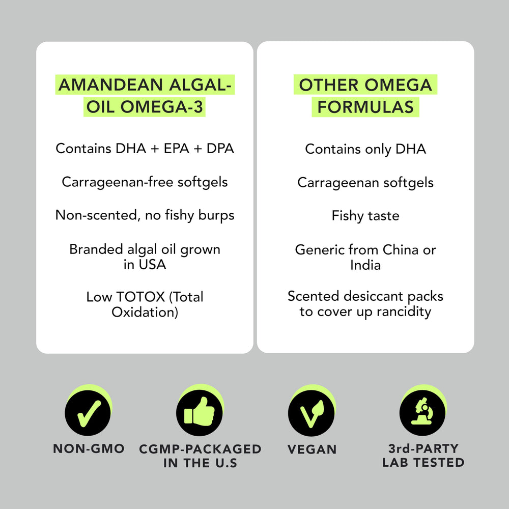 AMANDEAN cápsula junto a hojas de alga subrayando origen vegano