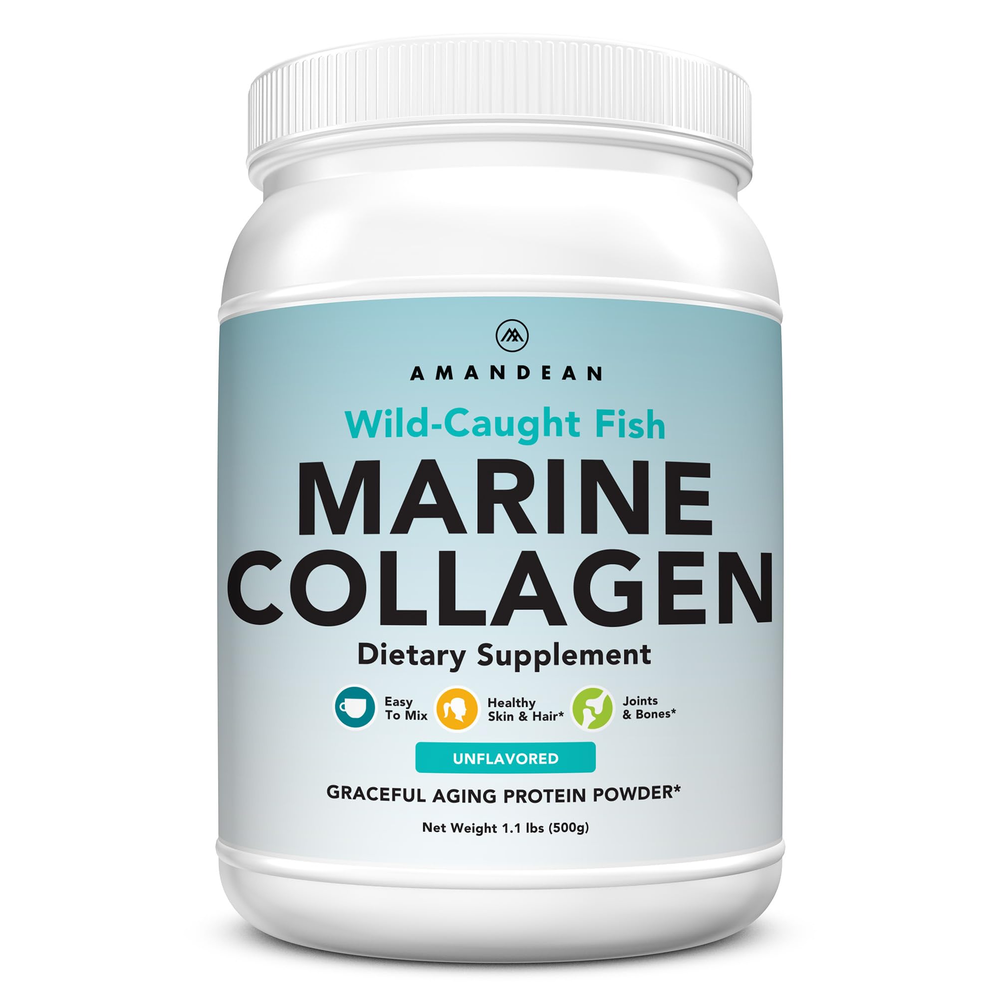 AMANDEAN envase frontal del colágeno marino 500g mostrando la marca y beneficio de pureza