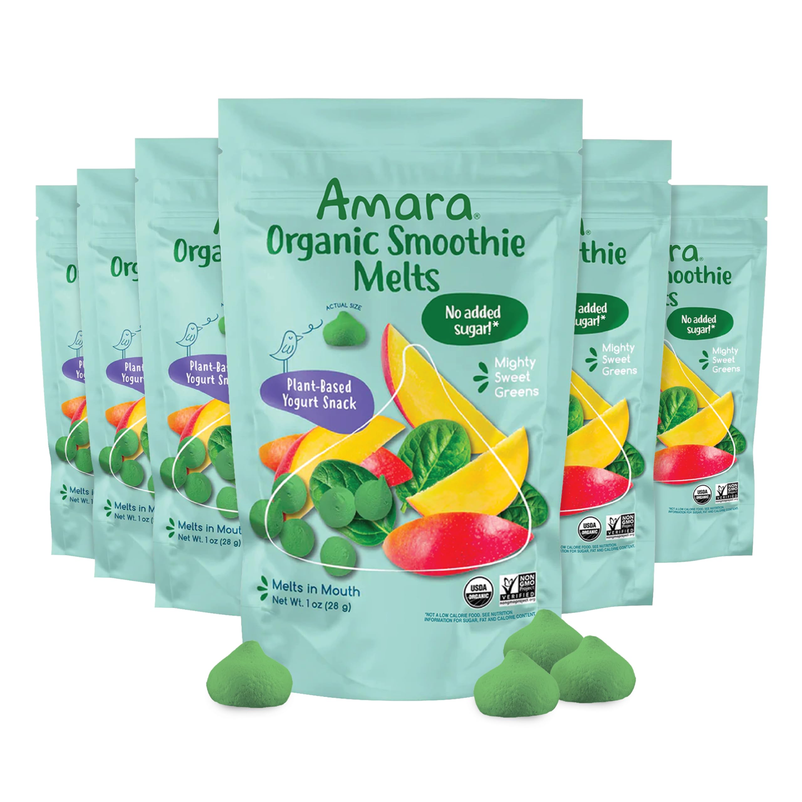 Amara paquete frontal Mighty Sweet Greens mostrando diseño y conveniencia