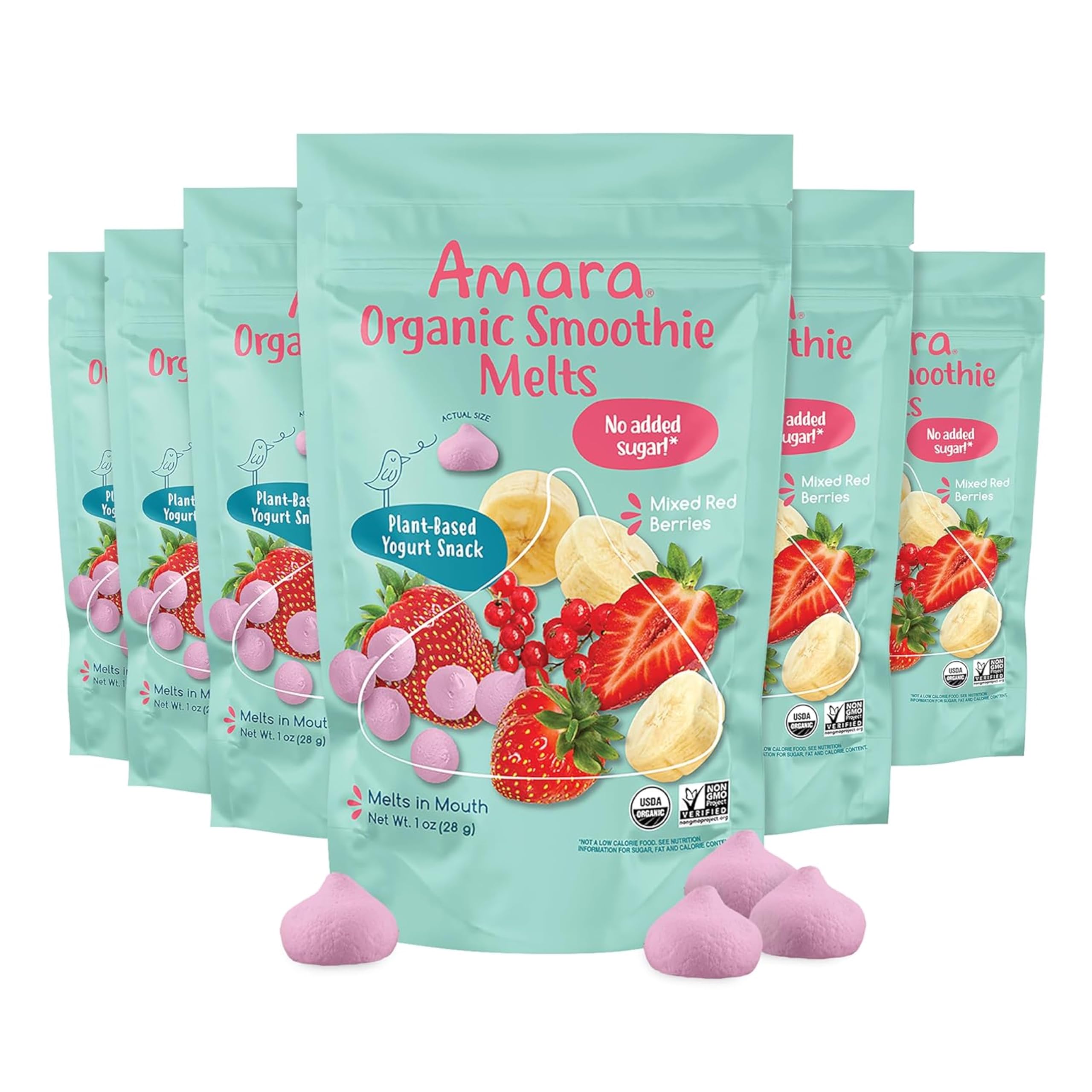 Amara frontal del paquete de Smoothie Melts mezcla de bayas, fácil identificación y transporte