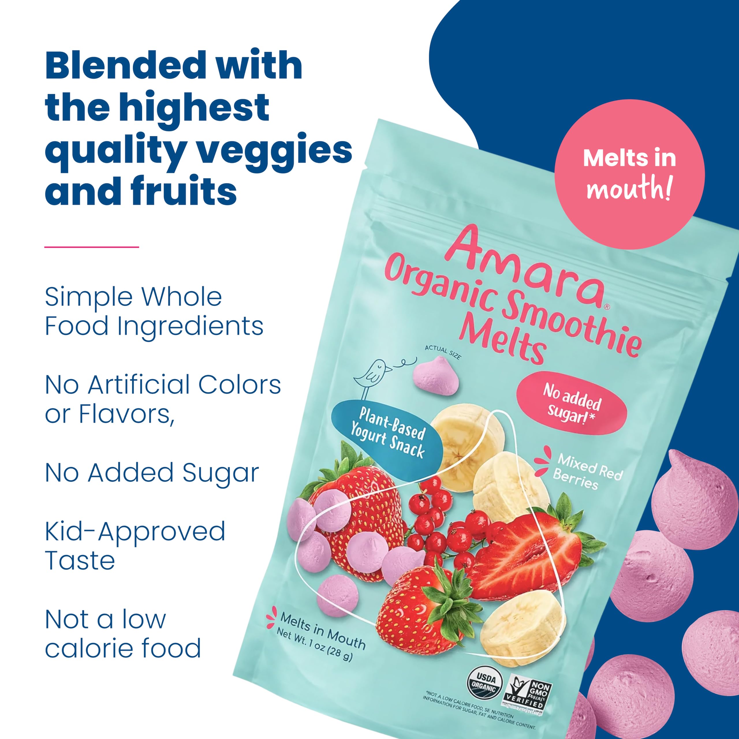 Amara bayas y frutas frescas junto a melts, ingredientes orgánicos visibles