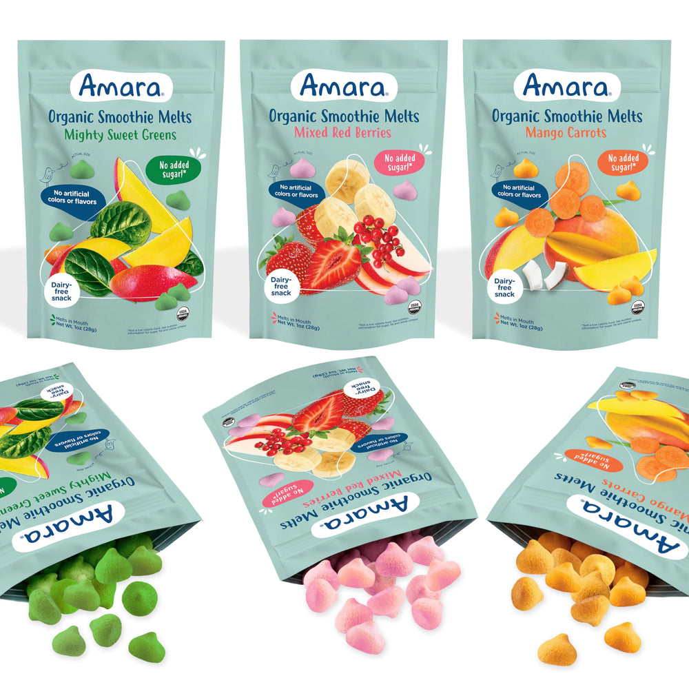 Amara pack frontal mostrando variedad de sabores y beneficios nutritivos