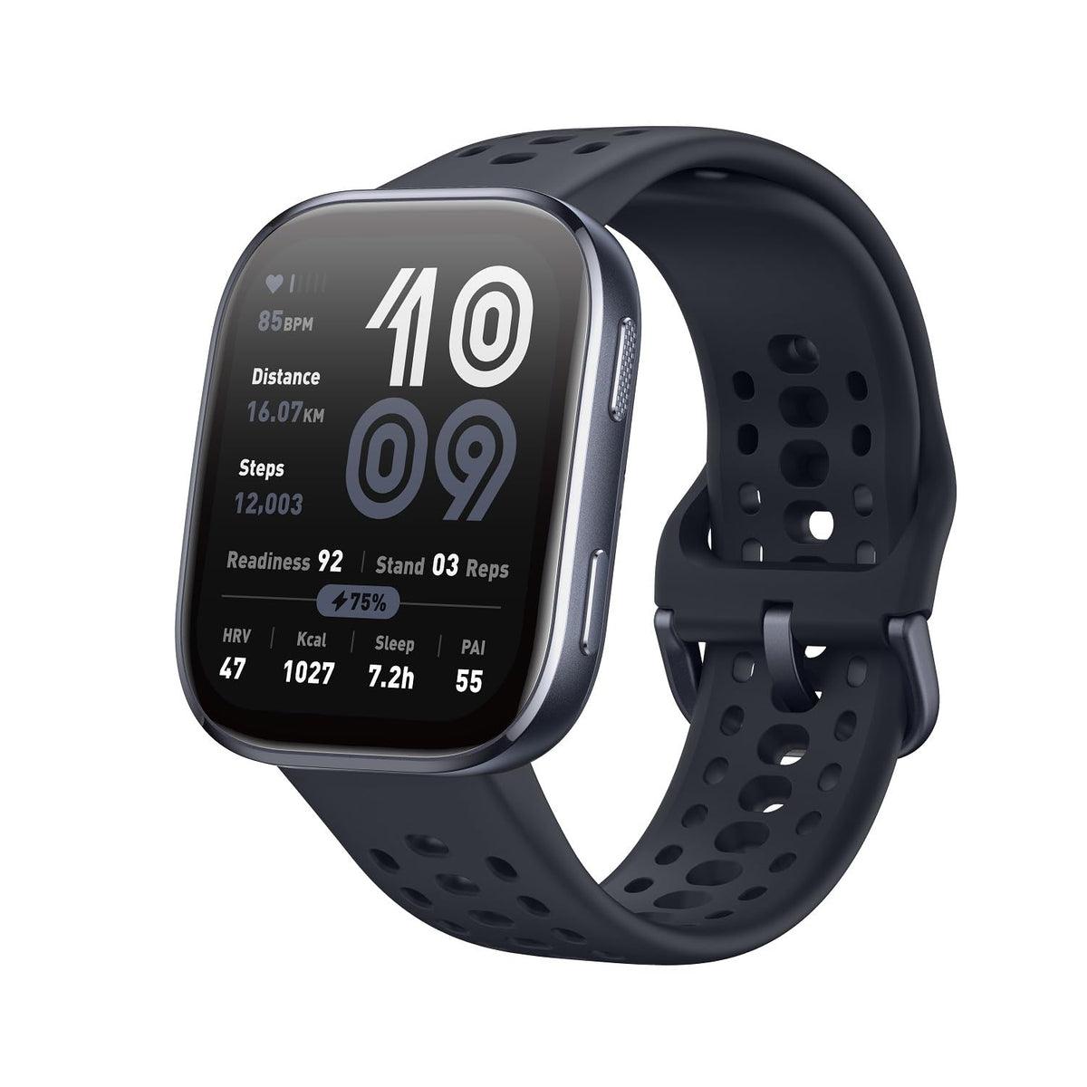 Amazfit Bip 6 vista frontal con pantalla clara y diseño elegante
