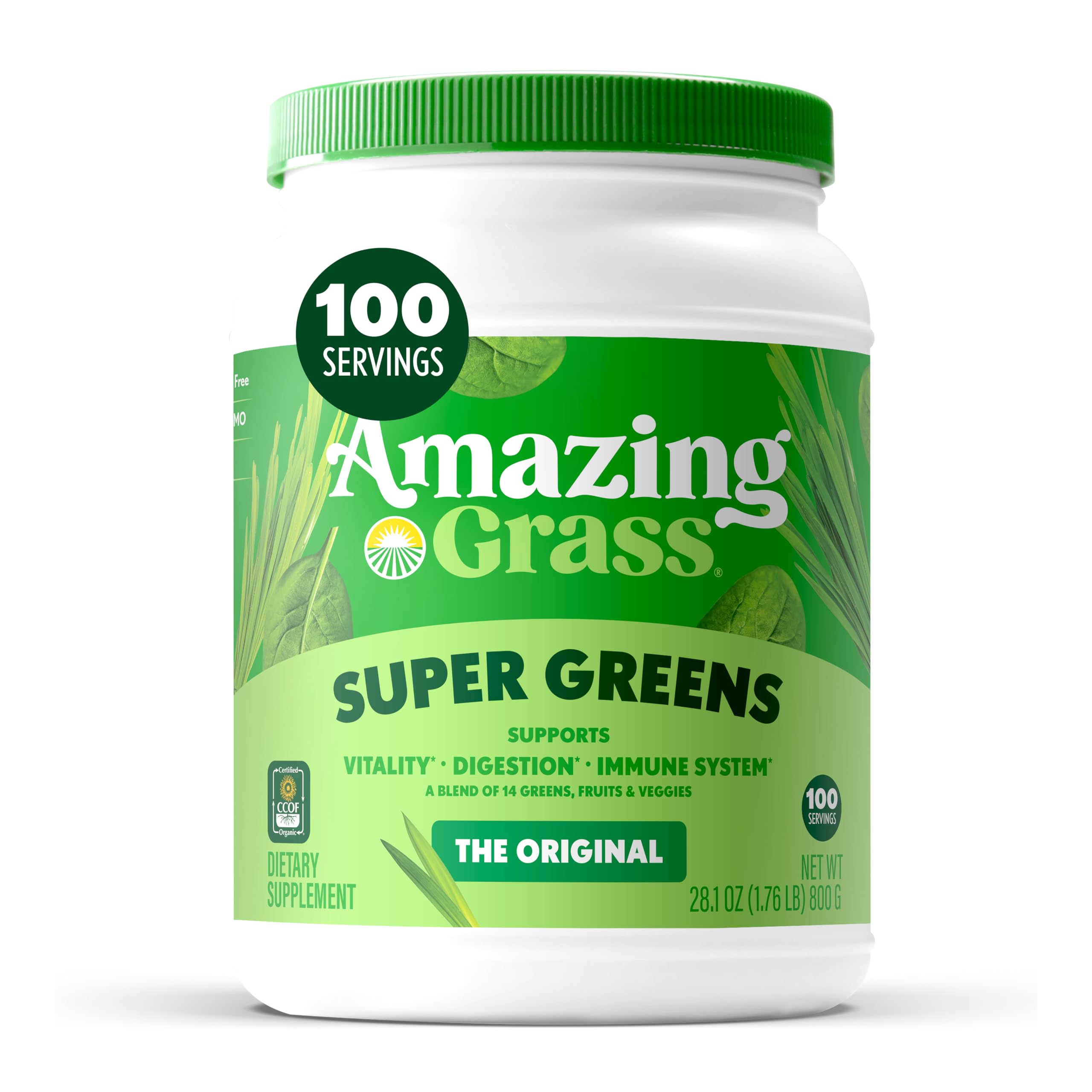 Amazing Grass envase delantero con diseño claro y 100 raciones, conveniencia diaria