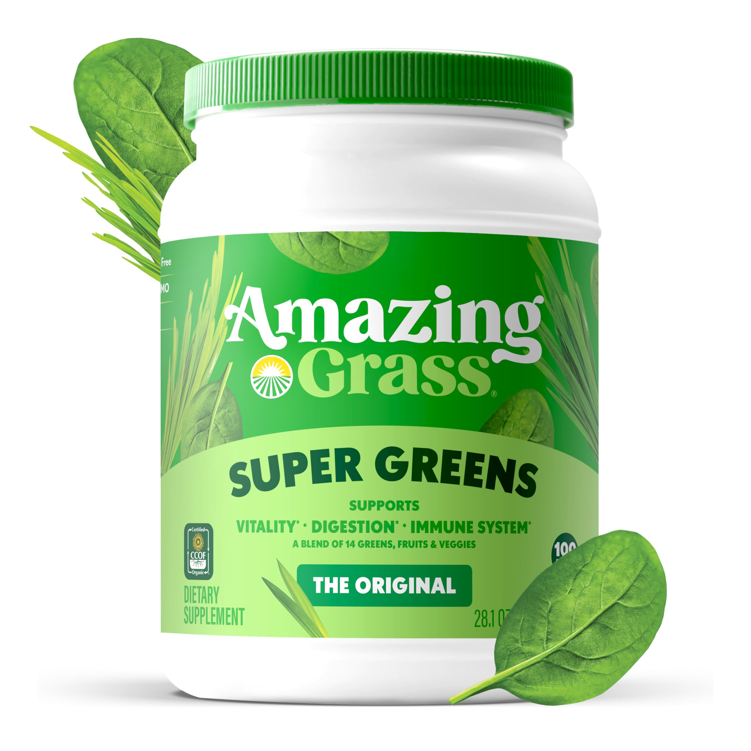 Amazing Grass etiqueta con sellos orgánico y non-GMO, certificaciones visibles