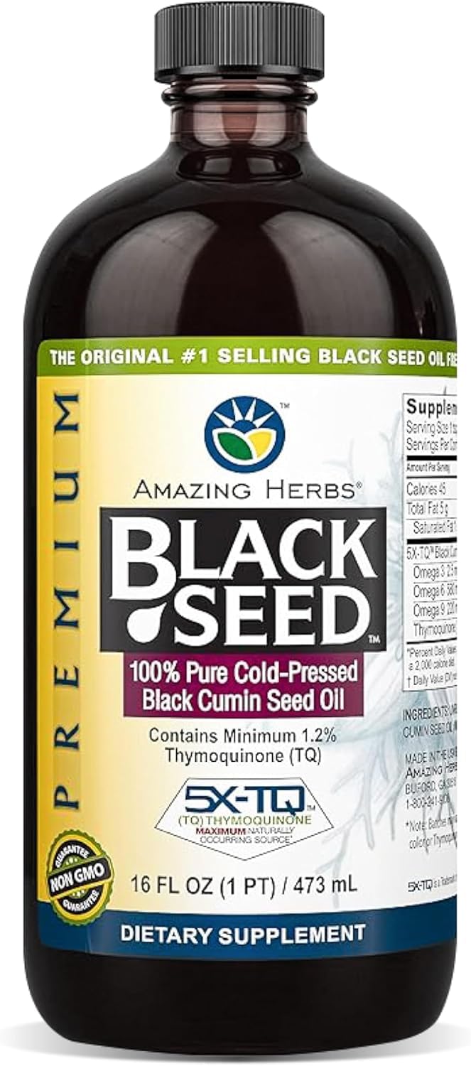 Amazing Herbs botella frontal de aceite de semilla negra mostrando etiqueta clara y vidrio protector