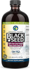 Amazing Herbs botella frontal de aceite de semilla negra mostrando etiqueta clara y vidrio protector
