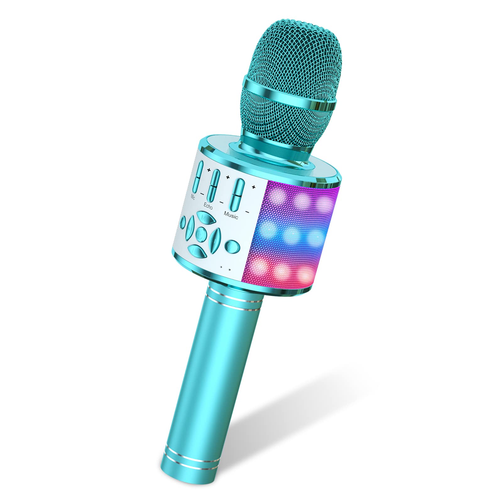 Amazmic micrófono frontal mostrando diseño y altavoz, divertido y portátil