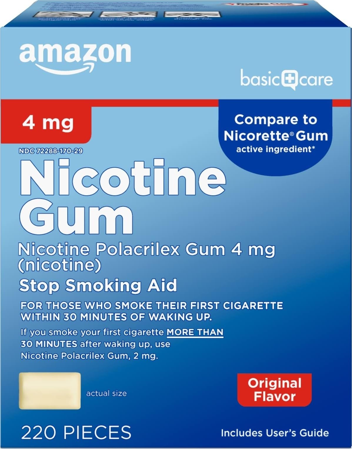 Amazon Basic Care envase frontal del chicle 4 mg mostrando cantidad y diseño, ayuda visual para elegir