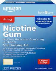 Amazon Basic Care envase frontal del chicle 4 mg mostrando cantidad y diseño, ayuda visual para elegir