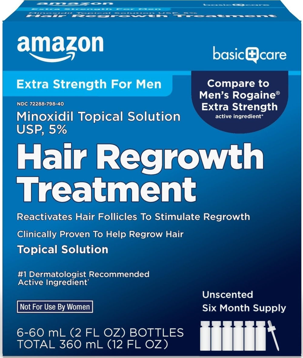 Amazon Basic Care frasco frontal mostrando etiqueta clara y beneficio de concentración 5%