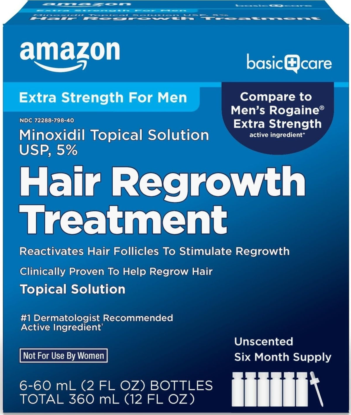 Amazon Basic Care frasco frontal mostrando etiqueta clara y beneficio de concentración 5%