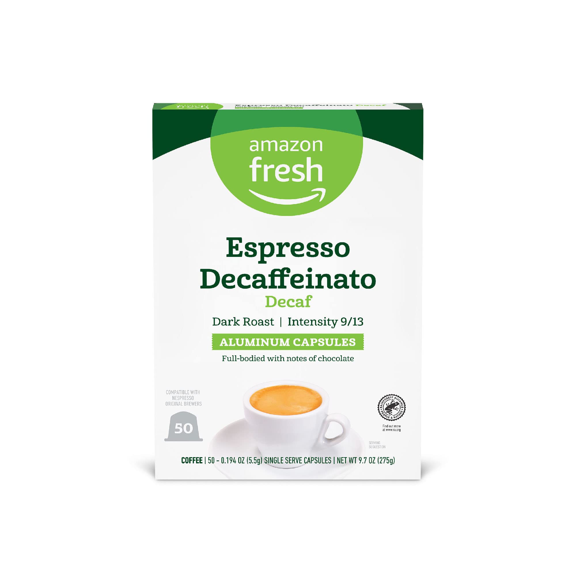 Amazon Fresh caja frontal 50 cápsulas compatible Nespresso, presentación clara