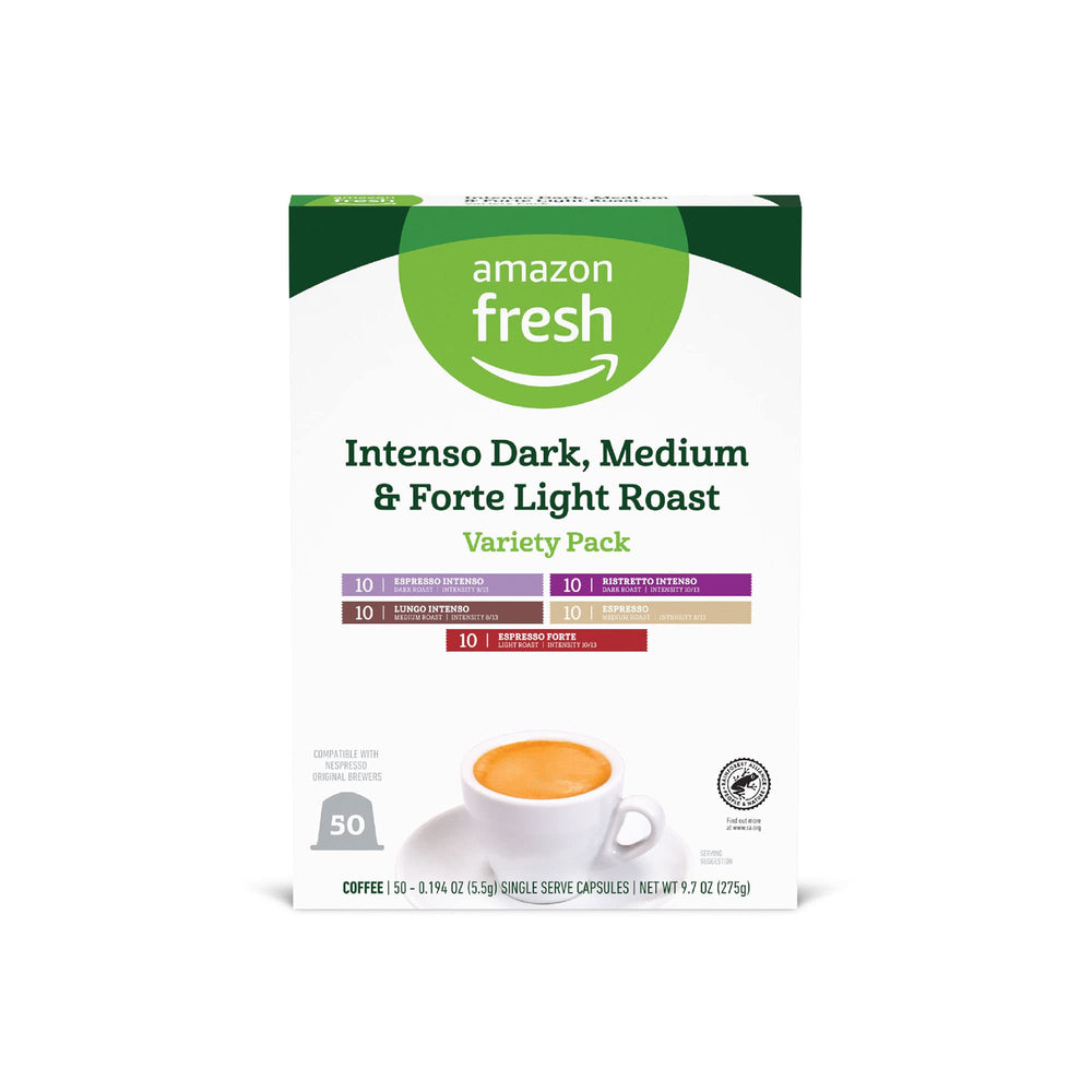 Amazon Fresh envase frontal mostrando el pack de 50 cápsulas y variedad
