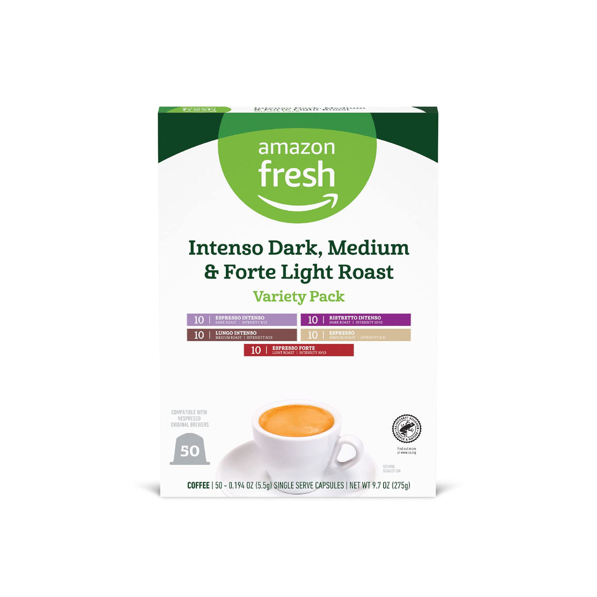 Amazon Fresh envase frontal mostrando el pack de 50 cápsulas y variedad