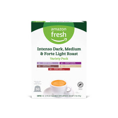 Amazon Fresh envase frontal mostrando el pack de 50 cápsulas y variedad