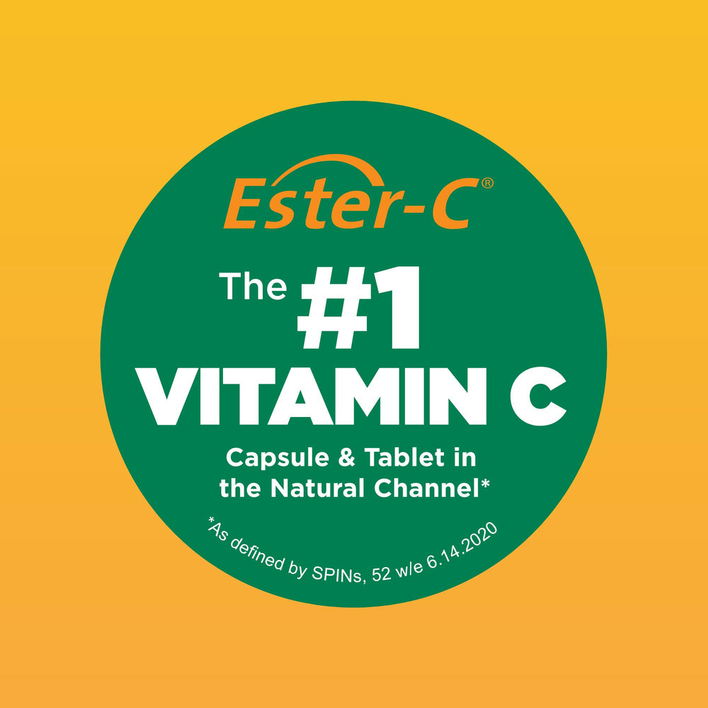 American Health Ester-C open bottle with visible capsules, demonstrates daily serving