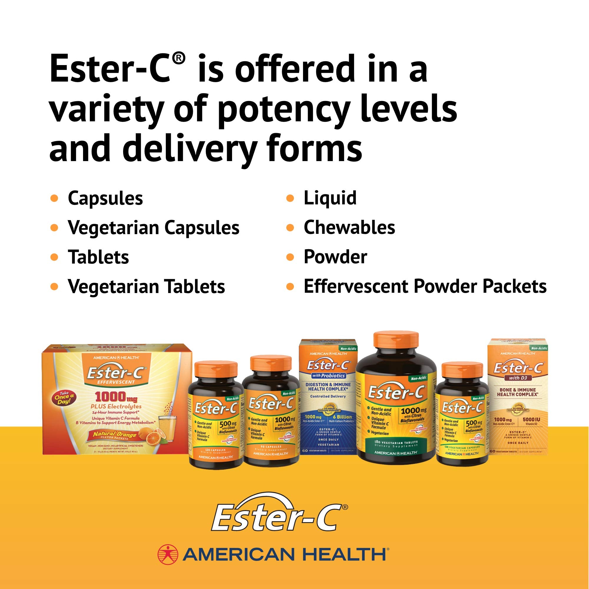 American Health Ester-C with citrus fruit, emphasizes added citrus bioflavonoids benefit