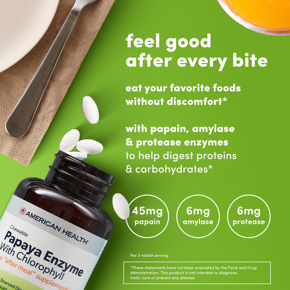American Health etiqueta con ingredientes destacando enzimas y clorofila