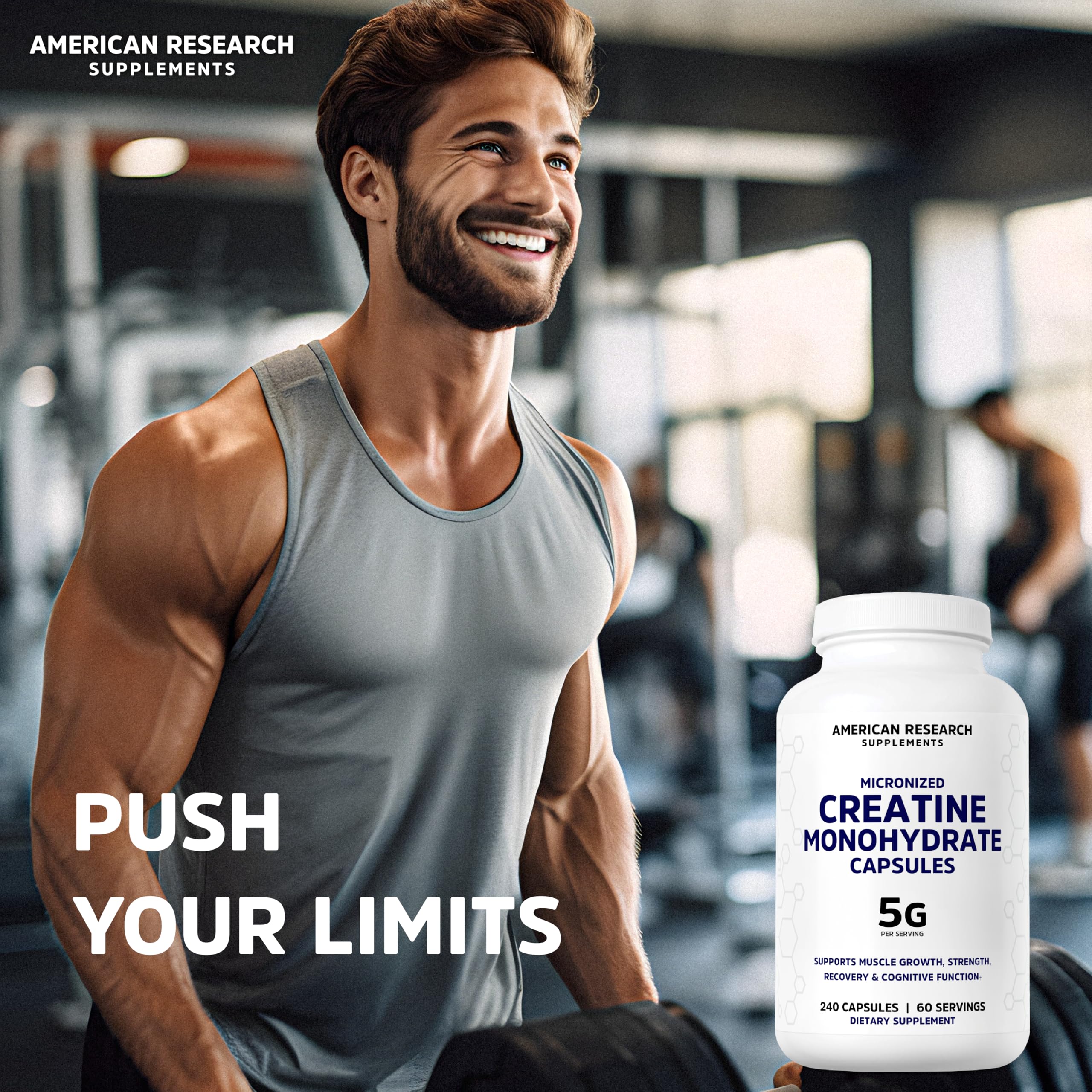 American Research Supplements montaje de 240 cápsulas mostrando suministro para 60 días