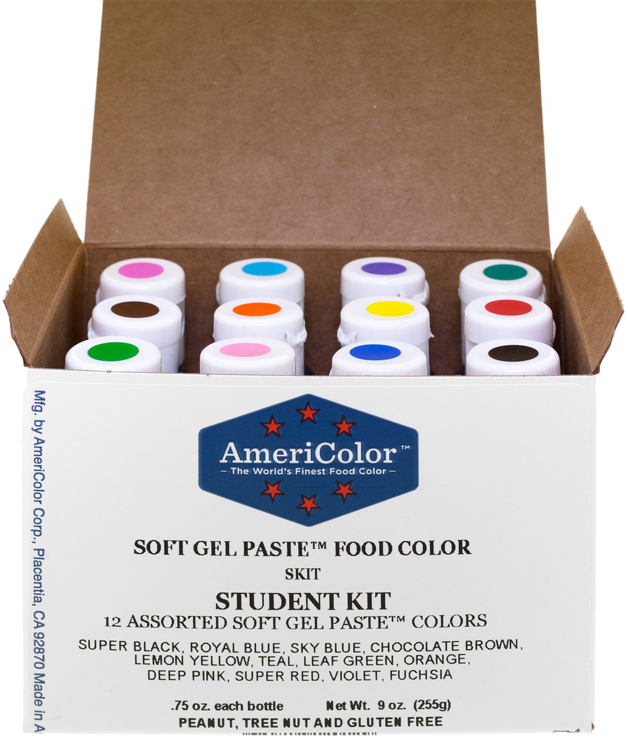 AmeriColor kit frente empaque mostrando 12 botes, color consistente