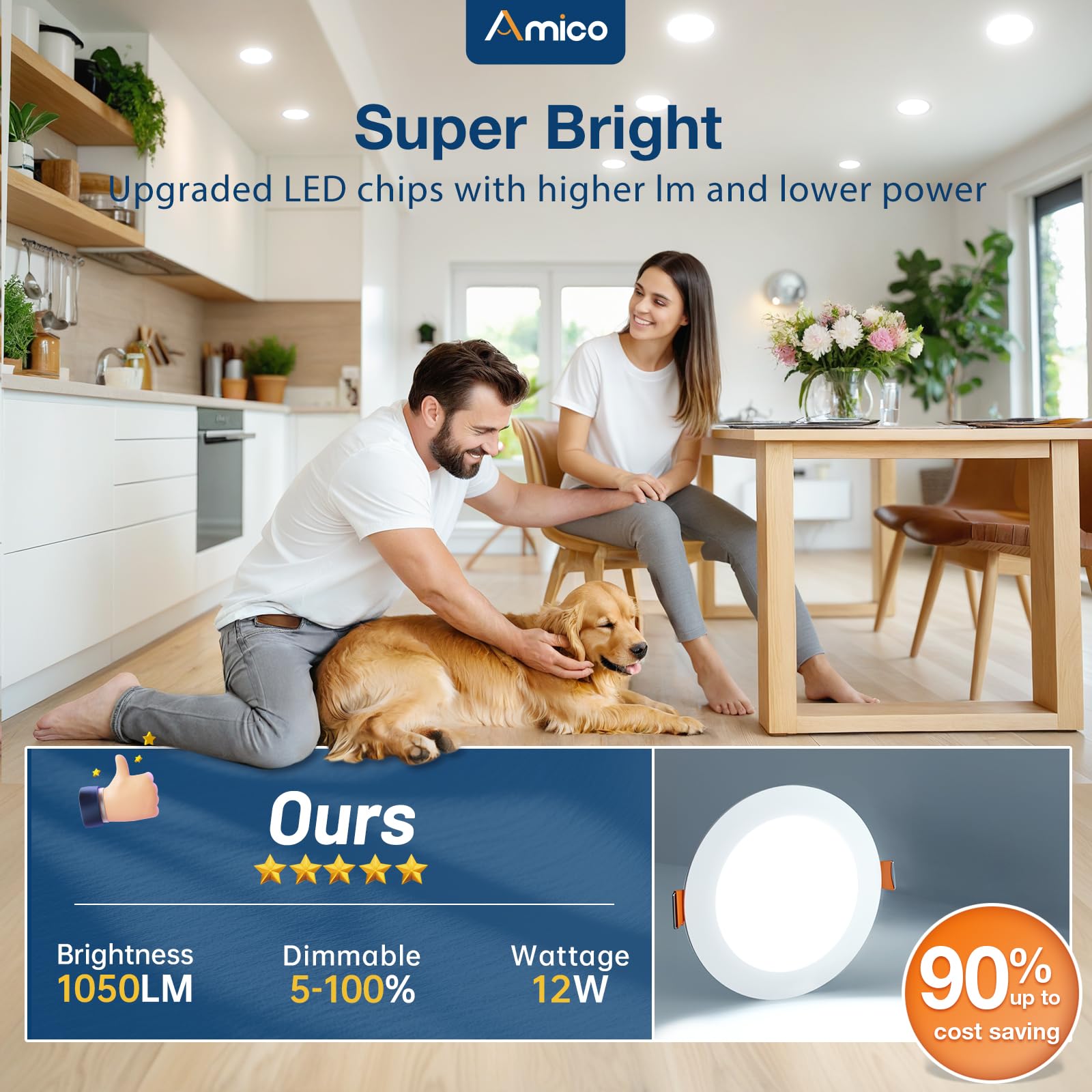 Amico perfil lateral del downlight sin lata demostrando bajo espesor